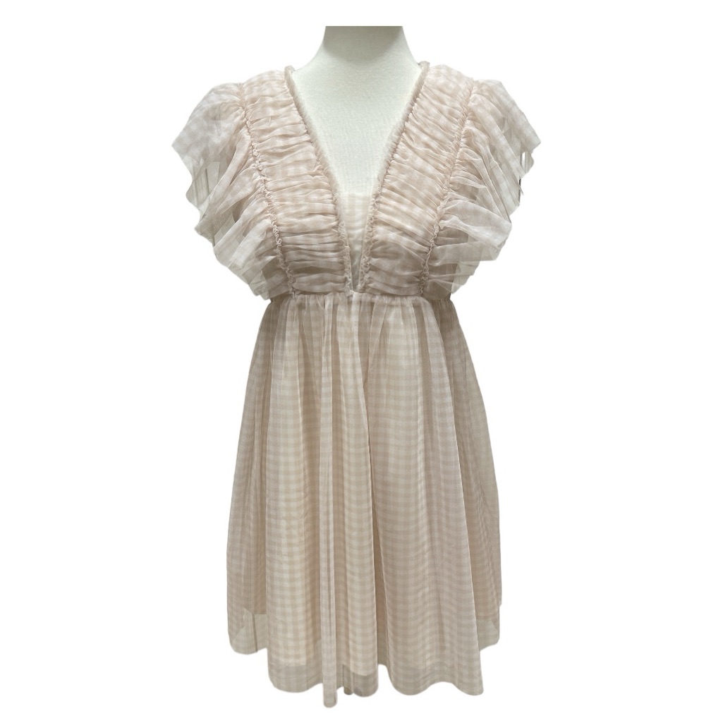 Entro Gingham V-Neck Mini Dress Ruffle Details New